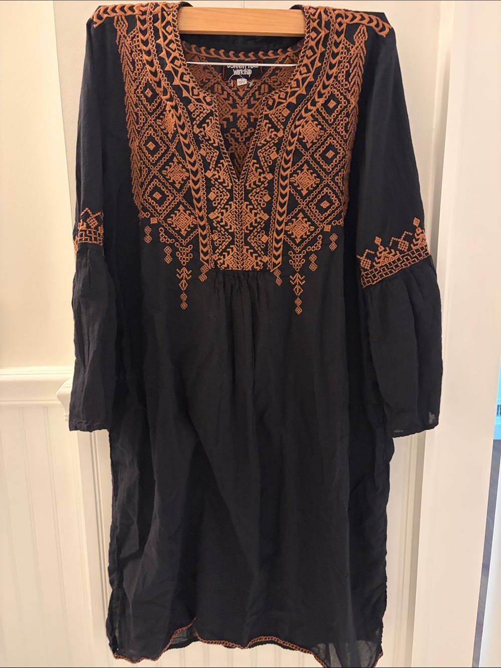 Johnny Was Black Long-Sleeve Boho Dress Tunic with Rust Embroidery